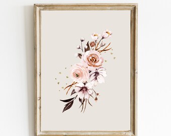 Estampado de flores neutras / Arte de pared floral boho / Floral rosa / Arte de pared botánico rosa / Flores rosas y marrones imprimibles / DESCARGA DIGITAL
