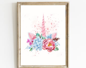 Unicorn Ears Print |  Printable Unicorn Art | Girls Room Decor | Unicorn Flowers | Unicorn Wall Art | Pink and Blue | DIGITAL DOWNLOAD