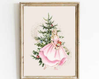 May include: A watercolor painting of a young woman in a pink dress standing next to a decorated Christmas tree. She is holding a nutcracker doll in her arms. The background is a light beige color.