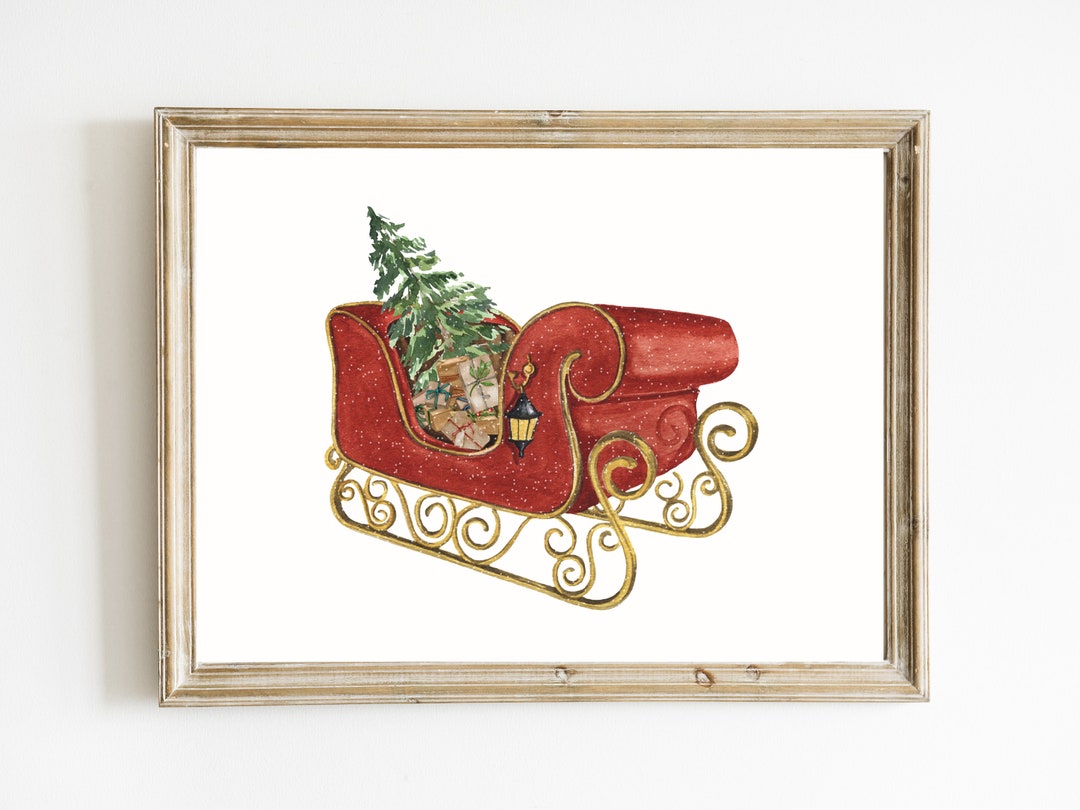 Red Sleigh Print Watercolor Santa's Sleigh Wall Art Etsy New Zealand