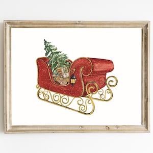 Red Sleigh Print | Watercolor Santa's Sleigh Wall Art | Christmas Printable Wall Art | Red Christmas Decorations | Holiday Decor vintage
