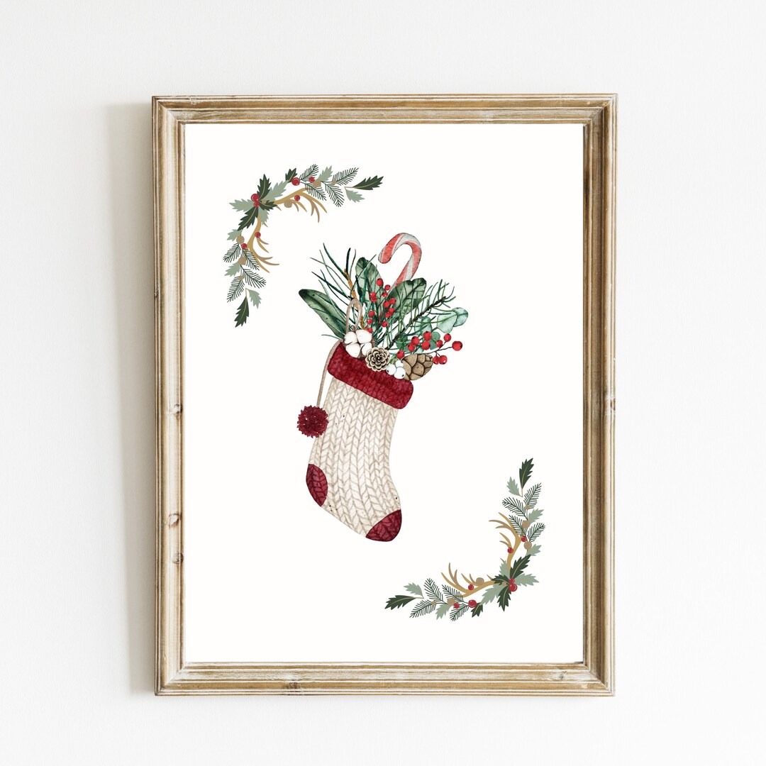 Christmas Stocking Print Christmas Wall Art Watercolor Stocking