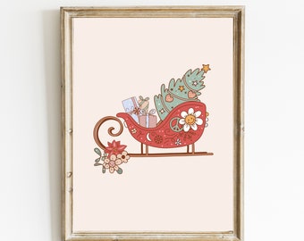 Groovy Christmas Sled Print / Hippie Christmas Tree Sled Print / Linda decoración navideña hippie / Arte navideño caprichoso / DESCARGA DIGITAL