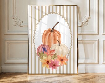 Striped Watercolor Pumpkin Autumn Print | Trendy Stripes (Digital Download)