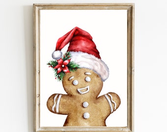Gingerbread Man Print | Watercolor Gingerbread Christmas Art | Cookie with Santa Claus Hat Wall Art | Holiday Decor | DIGITAL DOWNLOAD