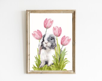 Bunny Print | Watercolor Tulip Print | Easter Bunny Wall Art | Spring Home Decor | Pink Floral Print | Animal Printable | DIGITAL DOWNLOAD