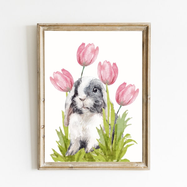 Bunny Print | Watercolor Tulip Print | Easter Bunny Wall Art | Spring Home Decor | Pink Floral Print | Animal Printable | DIGITAL DOWNLOAD
