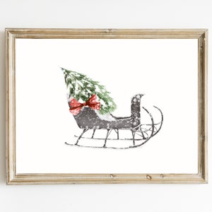 Christmas Sleigh Print | Christmas Tree Print | Vintage Christmas Sleigh Print | Winter Wall Art | Holiday Home Decor | Watercolor Christmas