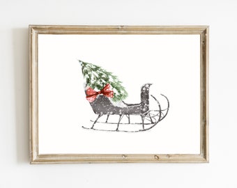 Christmas Sleigh Print | Christmas Tree Print | Vintage Christmas Sleigh Print | Winter Wall Art | Holiday Home Decor | Watercolor Christmas