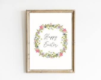Happy Easter Print | Watercolor Flower Wreath Print | Spring Wall Art | Pink and Green Easter Print | Spring Home Decor | DIGITAL DOWNLOAD