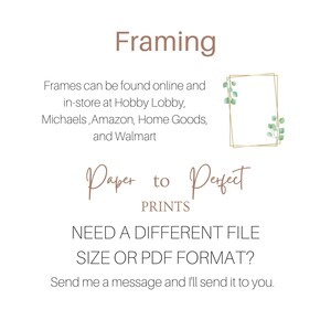 K&ouml;nnte beinhalten: Text, der "Rahmung" in brauner Schrift lautet. Unter dem Text befindet sich eine Beschreibung, wo man Rahmen finden kann. Der Text lautet: "Rahmen finden Sie online und im Laden bei Hobby Lobby, Michaels, Amazon, Home Goods und Walmart". Unter dem Text befindet sich ein goldener Rahmen mit gr&uuml;nen Bl&auml;ttern. Unter dem Rahmen befindet sich der Text "Papier zu perfekten Drucken". Unter dem Text befindet sich der Text "BEN&Ouml;TIGEN SIE EIN ANDERES DATEIFORMAT ODER PDF-FORMAT?" in schwarzer Schrift. Unter dem Text befindet sich der Text "Senden Sie mir eine Nachricht und ich schicke sie Ihnen zu." in schwarzer Schrift.