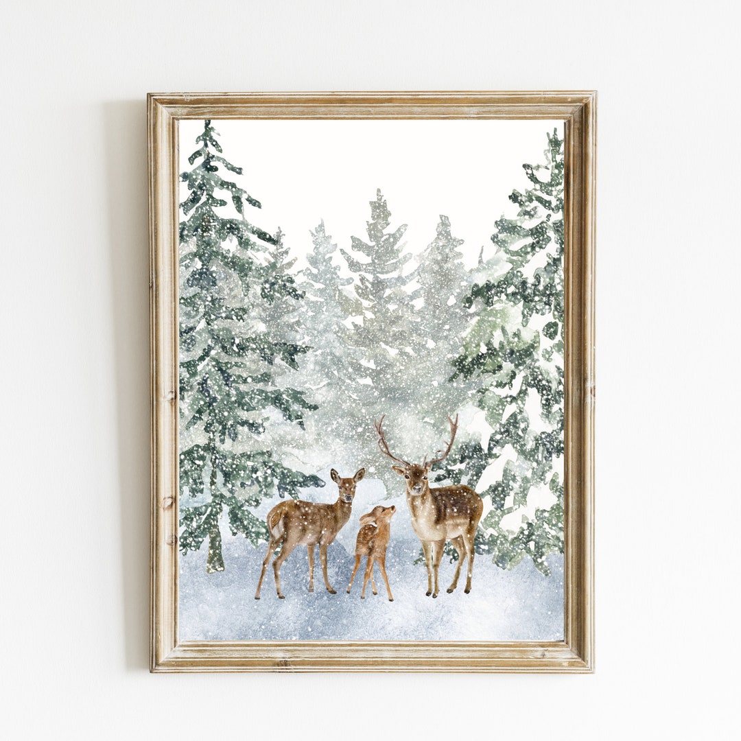 Christmas Forest Print | Snowy Pine Trees Print | Deer Family Print ...
