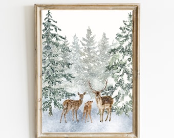 Christmas Forest Print | Snowy Pine Trees Print | Deer Family Print | Christmas Wall Art | Winter Home Decor | Holiday Wall Art