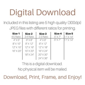 May include: A digital download listing for five high-quality JPEG files of different sizes and aspect ratios for printing. The sizes are listed in inches: 4x5, 6x8, 4x6, 5x7, and 11x14.
