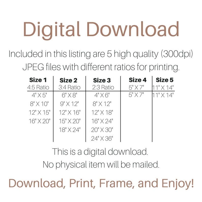 May include: A digital download listing for five high-quality JPEG files of different sizes and aspect ratios for printing. The sizes are listed in inches: 4x5, 6x8, 4x6, 5x7, and 11x14.