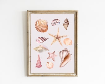 Impresión de conchas marinas / Acuarela Conchas marinas imprimibles / Arte de pared costera / Playa imprimible / Decoración de playa / Arte boho de conchas marinas / DESCARGA DIGITAL