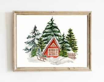 Winter Cabin Print | Holiday Wall Art | Christmas Printable Art  | Winter Forest Print | Winter Printable | Farmhouse Christmas | DIGITAL