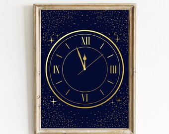 New Years Print | Printable New Years Eve Decor | New Year Printable | New Years Clock Art Print | Blue and Gold Art | DIGITAL DOWNLOAD
