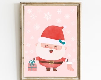 Cute Santa Christmas Print | Whimsical Pink Wall Art (Digital Download)