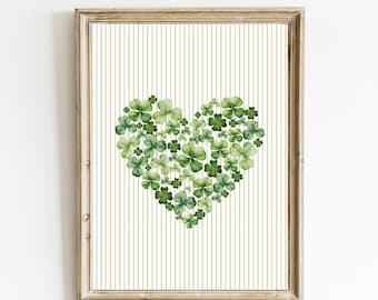 Impresión de fondo de rayas de corazón de trébol / Imprimible vintage / Impresiones irlandesas en acuarela / Arte mural del Día de San Patricio / DESCARGA DIGITAL