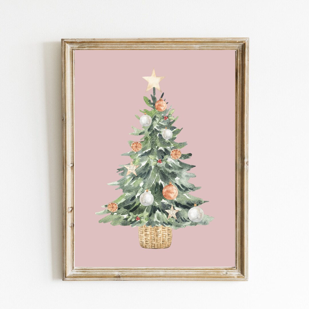 Pink Christmas Tree Print Vintage Style Christmas Wall Art Watercolor ...
