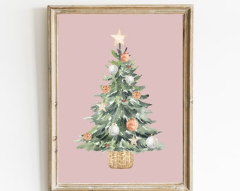 Watercolor Christmas Tree Print | Pink Vintage Holiday Wall Art (Digital Download)