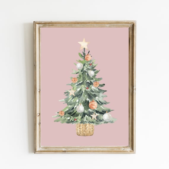 Pink Christmas Tree Print | Vintage Style Christmas Wall Art | Watercolor Christmas Tree | Girly Christmas Decor | DIGITAL DOWNLOAD