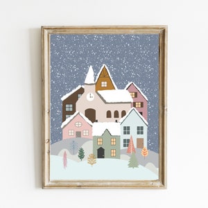 Winter Village Print | Snowy Scene Wall Art | Cute Winter Wall Art | Printable Winter Wall Art | Whimsical Christmas Art | DIGITAL DOWNLOAD