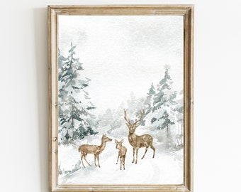 Winter Deer Family Watercolor Print | Snowy Landscape (Digital Print)