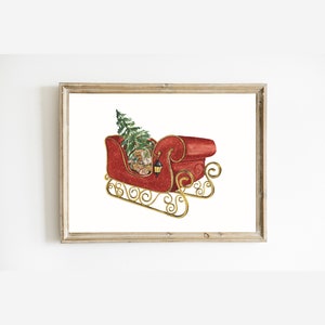 Red Sleigh Print Watercolor Santa's Sleigh Wall Art Christmas Printable Wall Art Red Christmas Decorations Holiday Decor vintage image 5