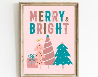 Merry & Bright Print / Boho Christmas / Christmas Decor Holiday Printables / Whimsical Christmas / Pink Christmas Print / DESCARGA DIGITAL