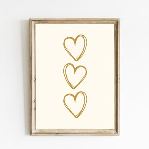 Gold Hearts Print | Heart Line Art Printable | Valentine&#39;s Day Wall Art | Three Hearts Print | Valentine&#39;s Day Home Decor | DIGITAL DOWNLOAD