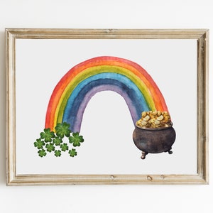 May include: A watercolor painting of a rainbow with a pot of gold at the end. There are green shamrocks at the base of the rainbow.