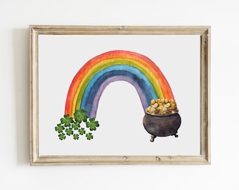 May include: A watercolor painting of a rainbow with a pot of gold at the end. There are green shamrocks at the base of the rainbow.