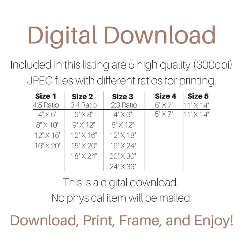 K&ouml;nnte beinhalten: Eine digitale Download-Liste f&uuml;r f&uuml;nf hochwertige JPEG-Dateien in verschiedenen Gr&ouml;&szlig;en und Seitenverh&auml;ltnissen zum Drucken. Die Gr&ouml;&szlig;en sind in Zoll angegeben: 4x5, 6x8, 4x6, 5x7 und 11x14.