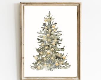 Christmas Tree Print | Christmas Printable Wall Art | Vintage Style Christmas Decorations | Snowy Tree Watercolor Painting | Winter Wall Art