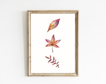 Impresión de hojas de acuarela / Impresión de otoño de acuarela / Arte imprimible de otoño / Impresión rústica / Arte de pared de otoño / Decoración de otoño / DESCARGA DIGITAL