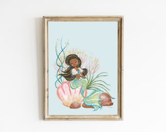 African American Mermaid Print | Watercolor Mermaid Printable | Girls Bedroom Nursery Decor | Toddler Bedroom Wall Decor | DIGITAL DOWNLOAD
