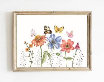 Watercolor Wildflowers Print | Butterfly Printable Art | Spring Decor | Summer Wall Art | Botanical Print | Flower Print | DIGITAL DOWNLOAD