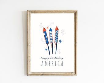 Fourth of July Print | Watercolor Firecracker Print | Happy Birthday America Printable | Patriotic Home Decor | DIGITAL DOWNLOAD