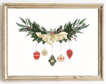 Christmas Ornament Print | Christmas Decor | Christmas Wall Art Print | Red and Green | Christmas Swag with Ornaments | Digital Download