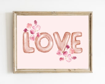 Impresión del día de San Valentín de amor / San Valentín rosa imprimible / Día de San Valentín de oro rosa / Decoración del día de San Valentín en acuarela / Arte romántico de decoración del hogar