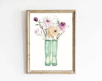 Regenstiefel Print | Regenstiefel Blumenstrauß Print | Frühlingsblumen Print | Aquarell Druck | Rainboot Blumen Wandkunst | DIGITALER DOWNLOAD