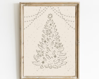Impresión de árbol de Navidad vintage / Decoración navideña neutra / Decoración de casa de vacaciones / Navidad de granja / Navidad boho / DESCARGA DIGITAL