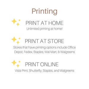 May include: A graphic with the word "Printing" in brown text.  Three options for printing are listed: "Print at Home", "Print at Store", and "Print Online".  Each option has a yellow starburst icon and a description of the printing option.