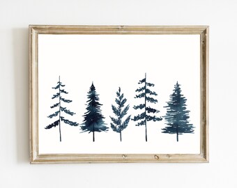 Impresión de árboles de Navidad azules / Arte minimalista de la pared de Navidad / Impresiones de acuarela / Imprimibles de Navidad / Decoración de casas de vacaciones / IMPRESIÓN DIGITAL