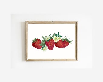 Summer Strawberry Print | Watercolor Strawberries Printable | Summer Home Decor | Painted Fruit Print | Fresh Fruit Art | DIGITAL DOWNLOAD