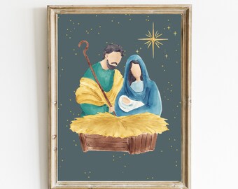 Impresión de arte de la escena de la Natividad / Arte de la pared de Navidad imprimible / Impresión de Jesús, María y José / Decoración navideña de acuarela / Descarga digital