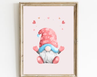 Impresión de gnomo de San Valentín / Impresión del día de San Valentín / Arte de pared de gnomo rosa / Impresión de corazón rosa / Decoración del hogar de San Valentín / Imprimibles rosas