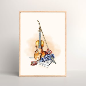 Musical Instrument Printable | Watercolor Violin Wall Art | Floral Violin Art Piece | Instant Download Digital Print | Music Room, Office